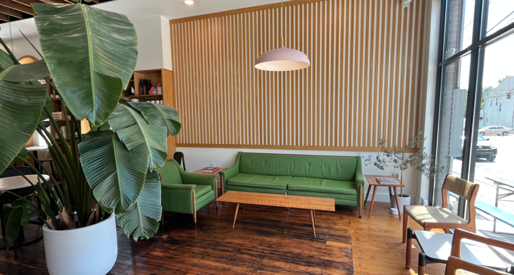 A green couch beside a large plant inside Mom 'N 'Em in Madisonville